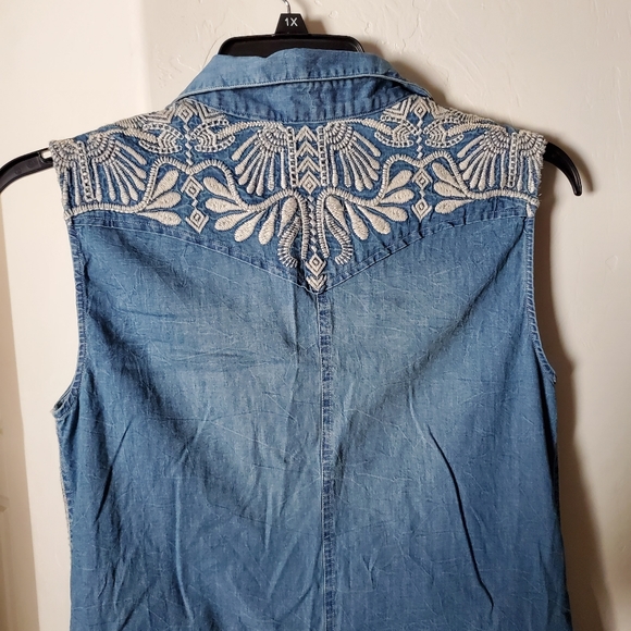 Johnny Was Denim Embroidered Mini Snap Front Sleeveless Dress - Picture 8 of 15